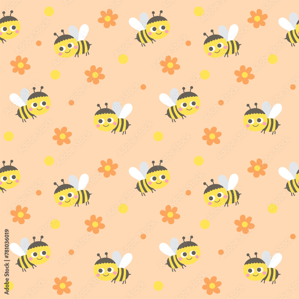 Fototapeta premium kids seamless pattern hand drawn cute flower and bee vector illustration