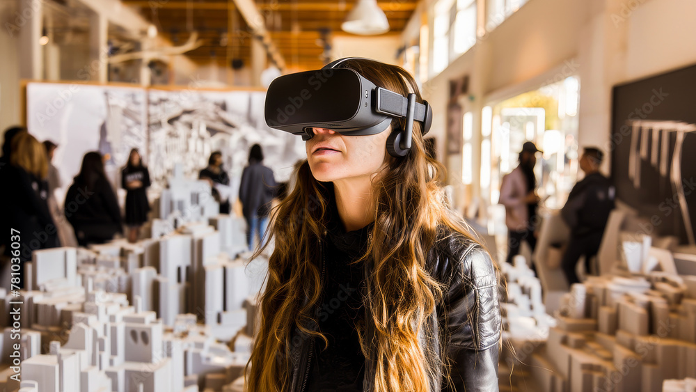 A young woman experiences virtual reality using a VR headset in an indoor exhibition surrounded by architectural models. A young woman experiences virtual reality using a VR headset in an indoor exhibition surrounded by architectural models.