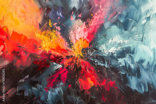 Vibrant abstract oil painting with dynamic explosion of colors on canvas, showcasing creativity and modern art.