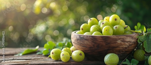 Portrait of a bowl of Amla fruits or Indian Gooseberry on a wooden table with a big blurry nature backdrop also use as a natural herbs, Generative AI. photo