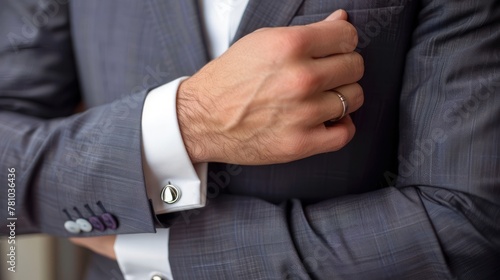 A man in a tailored suit adjusting his cufflinks.