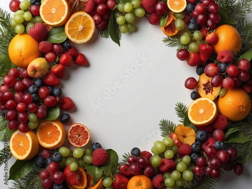 Colorful wreath of fresh fruits isolated on white background. Circle of mixed fruits ornament
