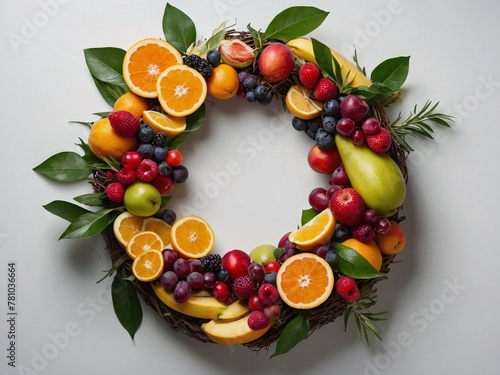Colorful wreath of fresh fruits isolated on white background. Circle of mixed fruits ornament