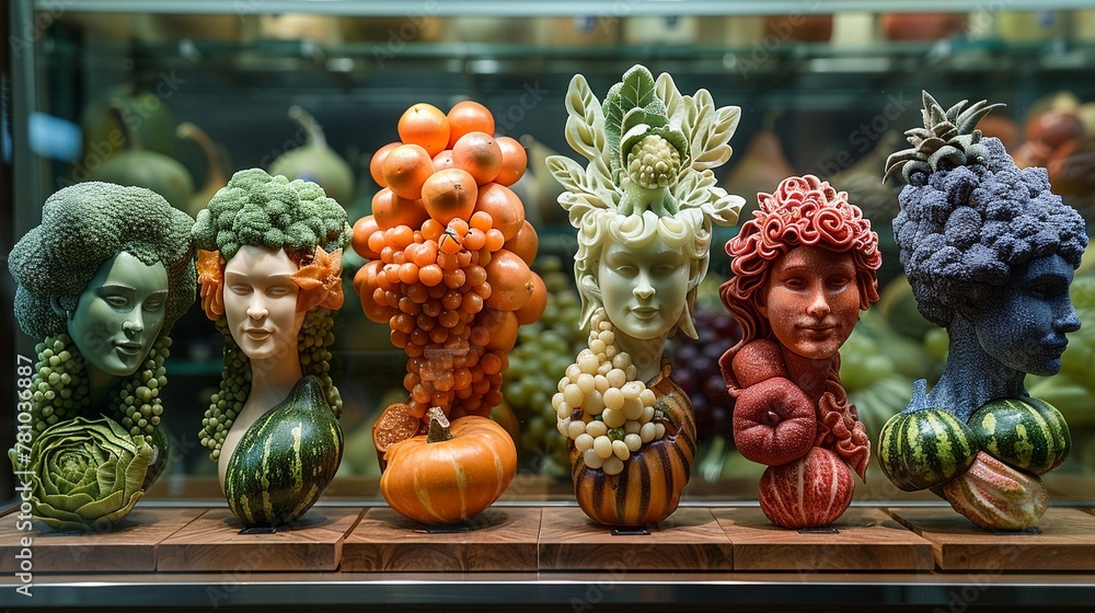 An art gallery where the sculptures are made from intricately carved fruits and vegetables