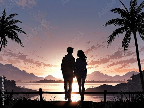 Silhouette of an anime couple holding hands in front of the beautiful sunset landscape. Concept of love