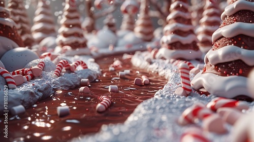 A river made of flowing chocolate, with marshmallow rocks and candy cane trees alongside photo