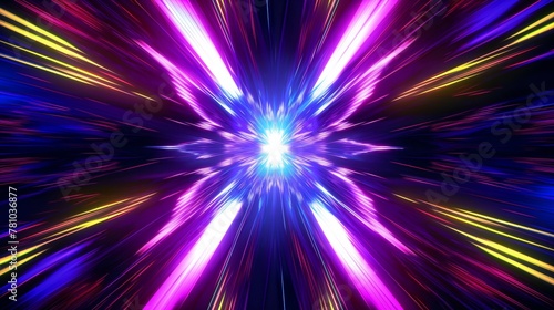 Abstract background with neon light rays and colorful shapes  glowing effect  symmetrical composition on dark background.