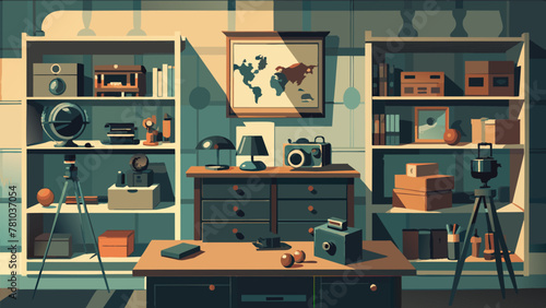 A study or office space that doubles as a vintage curio cabinet with shelves lined with vintage cameras typewriters and globes. In the