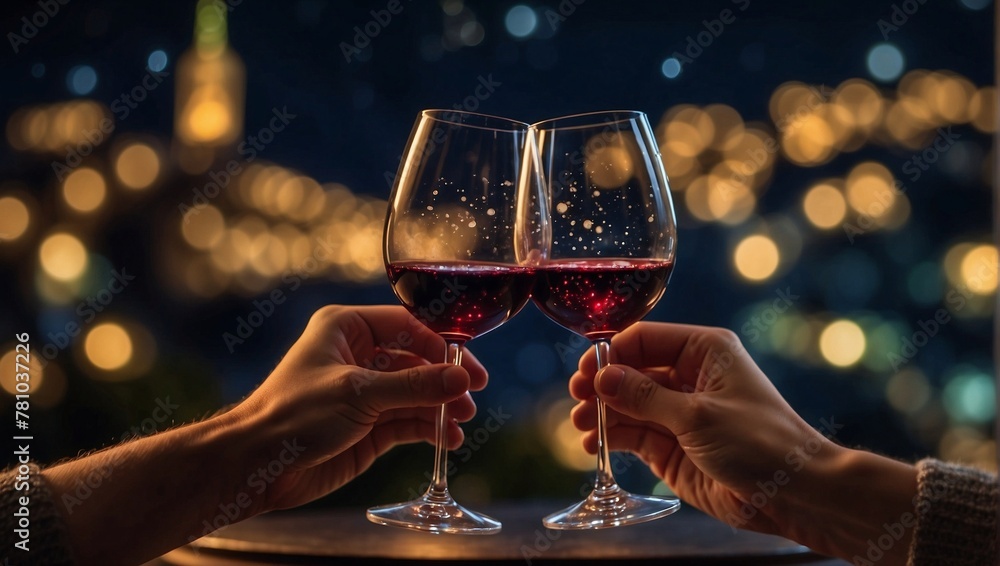 The couple clinks wine glasses in a beautiful romantic setting, symbolizing love and connection. Wedding celebration or Valentine's dinner concept The couple clinks wine glasses in a beautiful romantic setting, symbolizing love and connection. Wedding celebration or Valentine's dinner concept