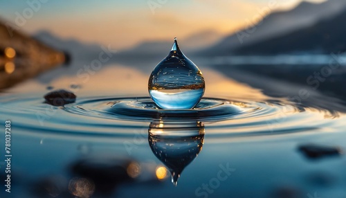 A minimalist composition featuring a single drop of water about to break the perfect stillne photo