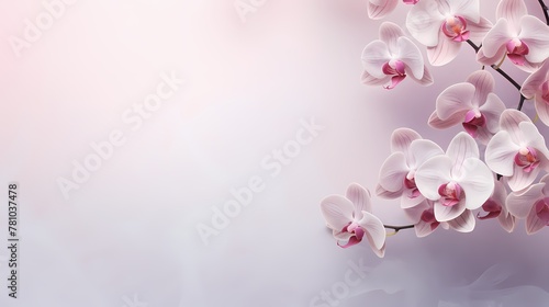 Delicate orchid blooms captured from above  against an abstract background  providing space for your customized text.
