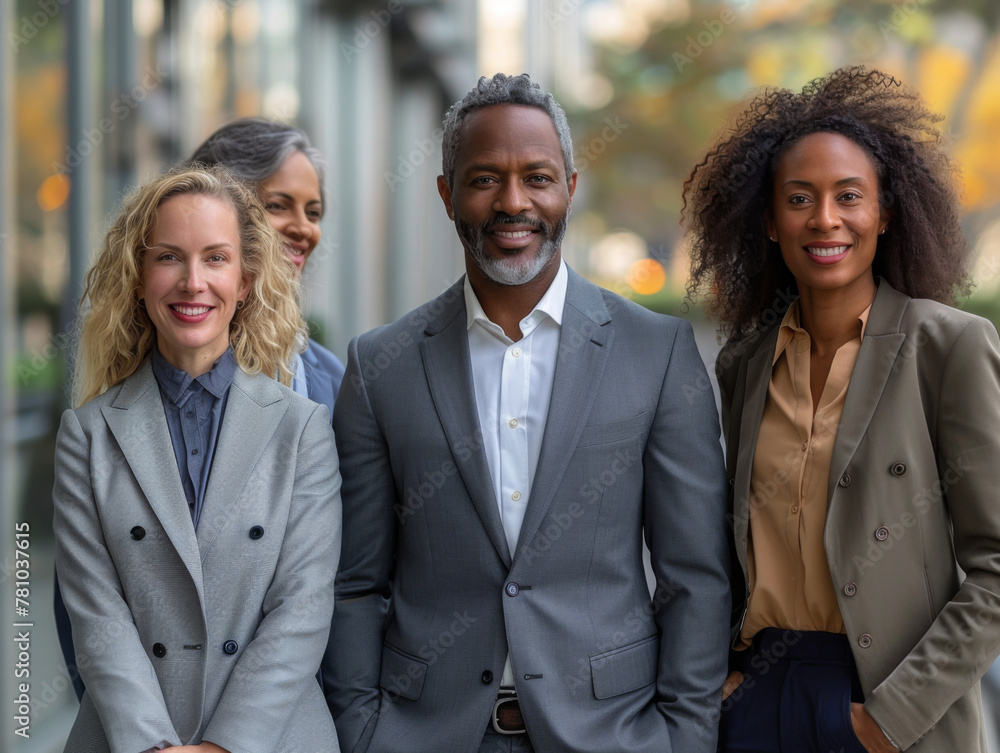 A group of people dressed in business attire are smiling for the camera A group of people dressed in business attire are smiling for the camera