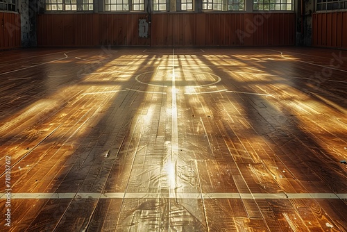 Smooth Wooden Basketball Court with Parquet Flooring and Natural Lighting in Gymnasium Interior