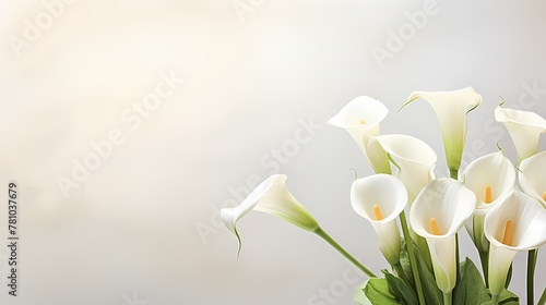 Delicate arrangement of calla lilies from above  against an abstract background  offering space for your customized text.