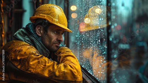 Taking a break, a worker sporting a safety helmet and work clothing stands in front of a window with raindrops falling over it dull face exhausted and space, Generative AI.