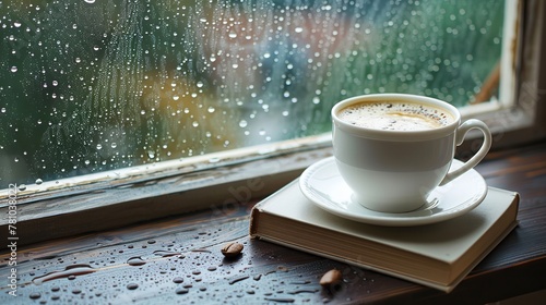 Incorporates an open book and a white cup of coffee mounted over a window sill with a raindrop fuzzy window lovely day and space, Generative AI.