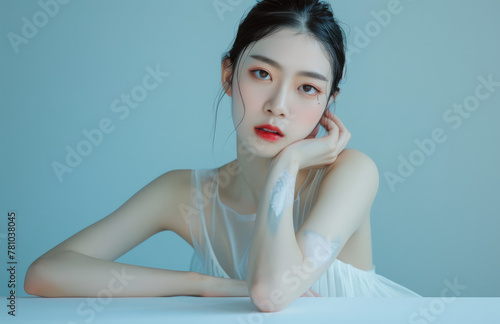Beautiful Chinese female model in a photo shoot. She has exquisite features and a perfect body shape, wearing a white dress with transparent glass-like skin on her upper arms