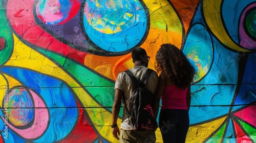 Two figures one tall and one short stand together heads tilted slightly as they contemplate a vibrant largerthanlife mural adorning . .