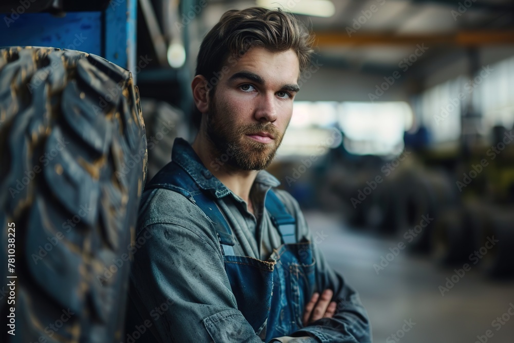 A mechanic rests confidently by tires in a workshop. A mechanic rests confidently by tires in a workshop.