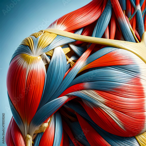 Illustration of hemispherical anatomy of human upper arm, chest, shoulder and shoulder muscles on a blue background.