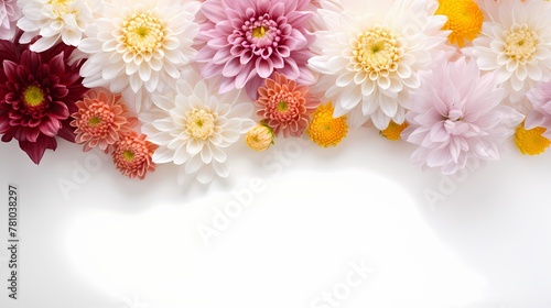 Clean and simplistic composition of assorted chrysanthemums from above, leaving ample space for your text. © Zubair