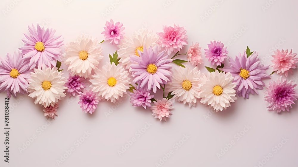 Clean and simplistic composition of assorted aster flowers from above, leaving ample space for your text. Clean and simplistic composition of assorted aster flowers from above, leaving ample space for your text.