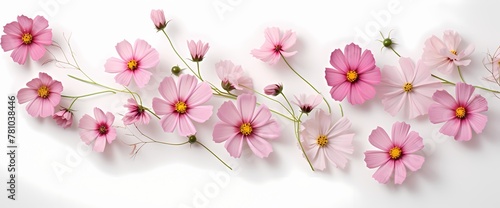 Clean and simplistic arrangement of cosmos flowers captured from above, leaving room for your personalized text.