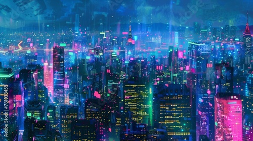 Electric hues of blue pink and green dominate the cityscape giving off a cool futuristic vibe that is both dazzling and alluring. . . photo