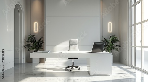 Minimalist white office  a modern business executive desk with a laptop. Generative AI.