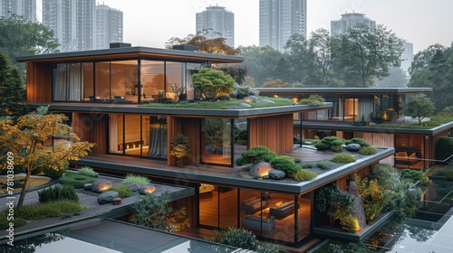 Modern wooden buildings, rooftop garden. Generative AI.