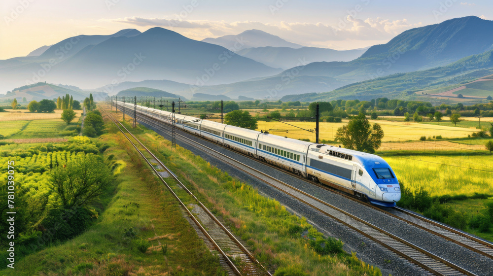 A long train is traveling down a track through a lush green countryside