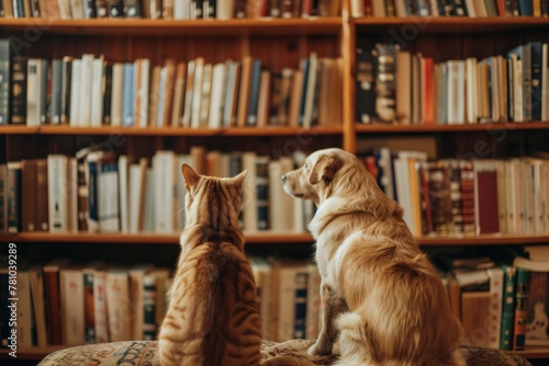 Adorable Dog and Cat Sitting Together in Front of a Huge Bookshelf Full of Books, Symbolizing Harmony and Intellectual Curiosity