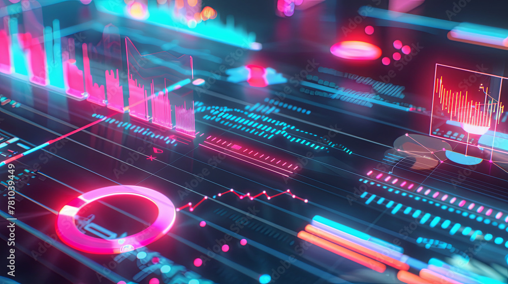 A colorful display of graphs and numbers with a futuristic feel A colorful display of graphs and numbers with a futuristic feel