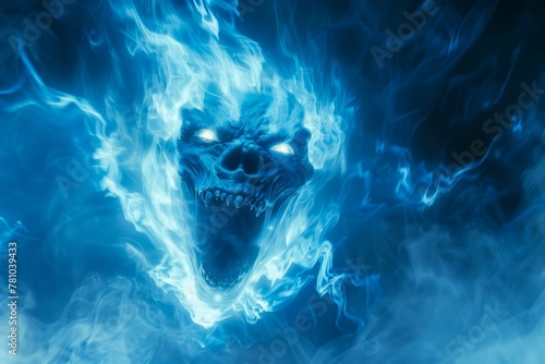 Haunting Phantom Visage Formed by Blue Flames and Swirls on a Dark Background Mystic and Horror Concept