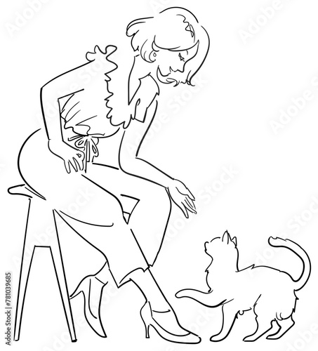 線画-猫と遊ぶ女性