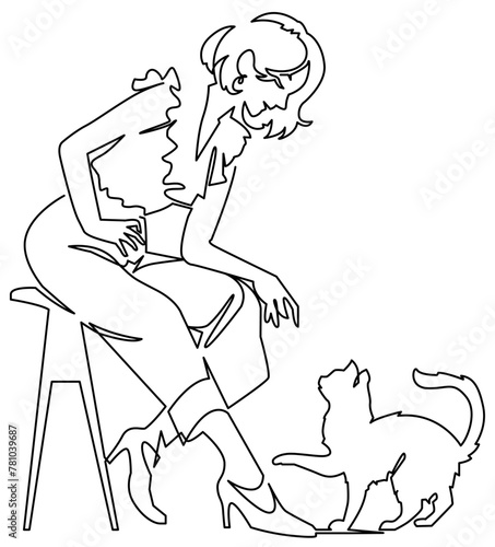 一筆書き-猫と遊ぶ女性