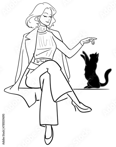 一筆書き-黒猫の相手をする女性