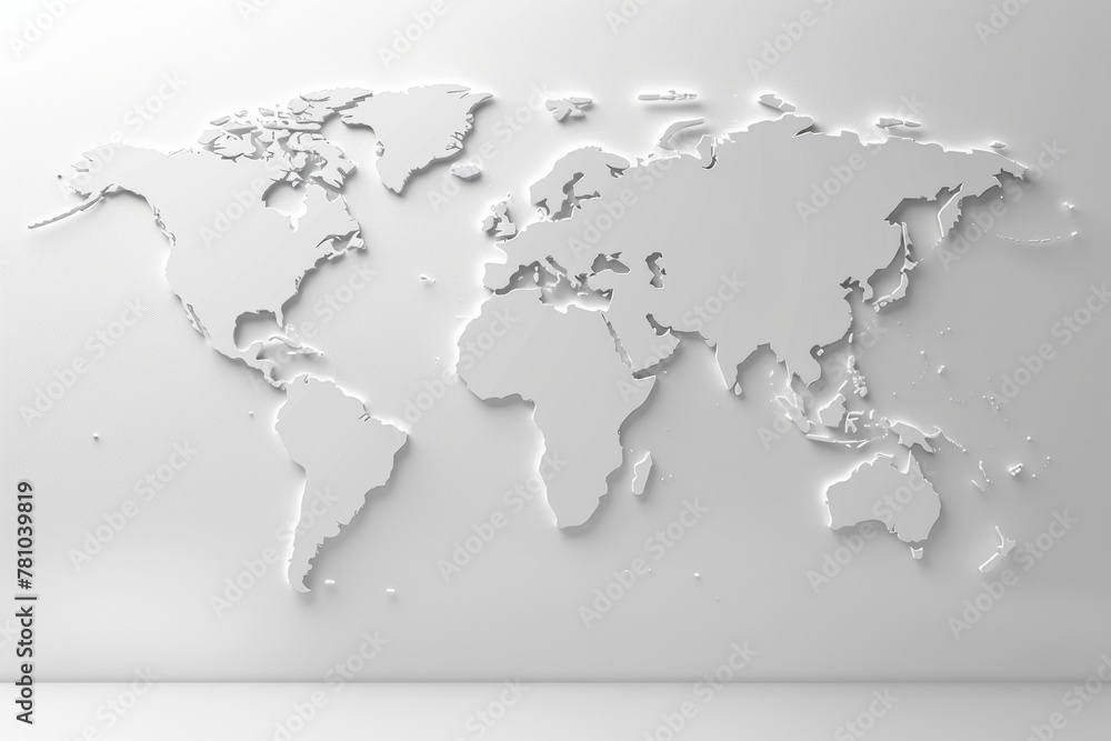 White volumetric map of the world on a white wall. Abstract business background, travel, logistics, delivery, world communication.