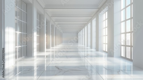 Interior Space. Empty White Room Background with a White Floor. 3D Render. Generative AI.