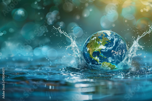 World Water Day concept, Earth planet under splashing liquid in the river with reflection on nature background
