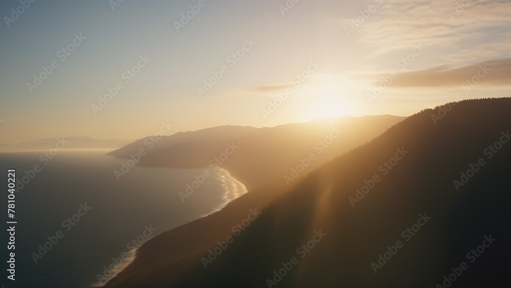 A winding mountain road by the sea at dawn, morning haze. Journey