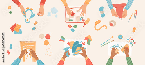 Cartoon DIY craft hobby activity concept, top view hands create painting and scrapbooking craftwork background, handicraft art class banner, handmade kid workshop vector illustration.