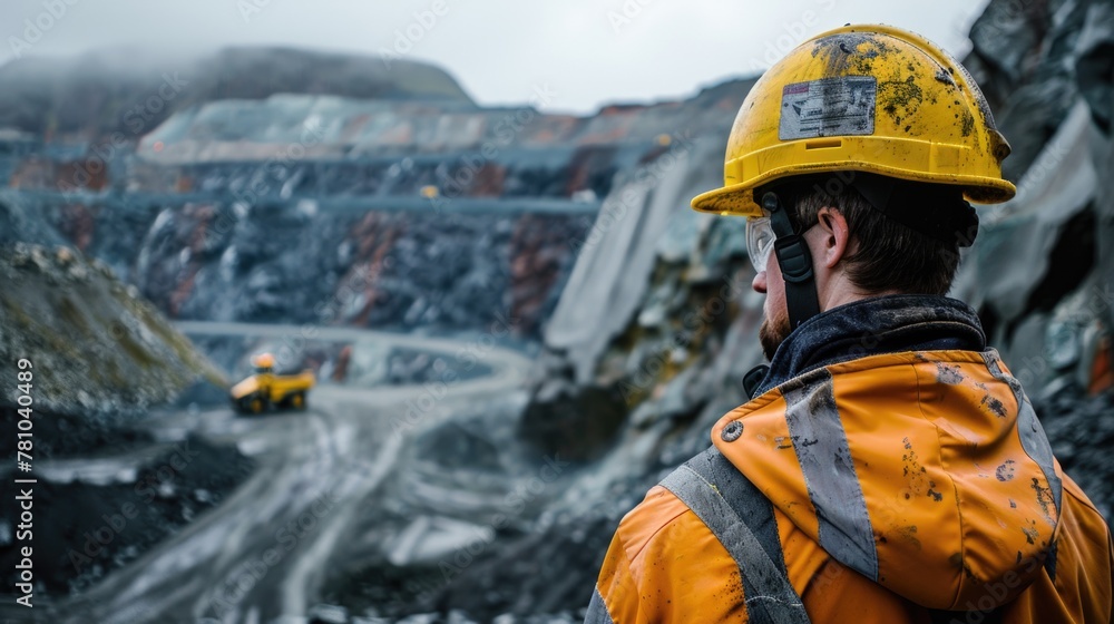 Surveying the copper mine, man in hard hat oversees operations at open pit - ensuring safety and efficiency in resource extraction. Surveying the copper mine, man in hard hat oversees operations at open pit - ensuring safety and efficiency in resource extraction.