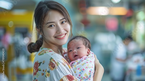 Lovely Asian young mother shines with her infant over a hospital backdrop while holding her child adorning in a hospital gown and space, Generative AI.