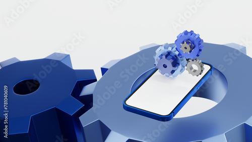 Smartphone with gear and cog wheels, maintenance, install application update, 3D rendering.