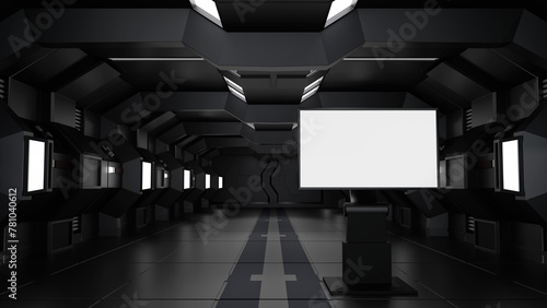 Blank mock up vertical billboard or LCD screen floor stand in spaceship or space station interior, Sci Fi tunnel, 3D rendering.