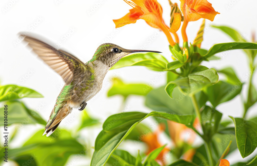 Fototapeta premium Close up of hummingbird flying near an orange flower, green leaves
