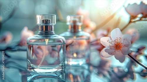 Fresh spring romantic, stylish transparent glass perfume bottles. parfumerie. Generative AI.