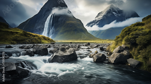Milford Sound Majesty: Long Exposure Unveils Waterfalls' Dance