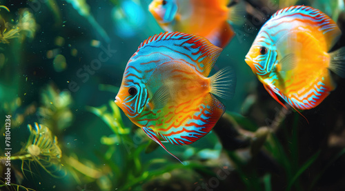 A group of colorful discus fish are swimming in an aquarium, with some floating at the bottom and others near water plants